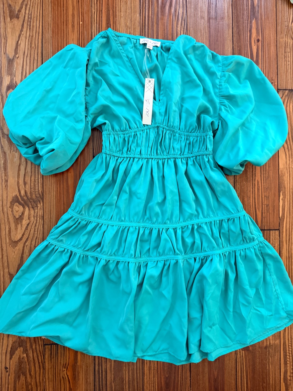 She + Sky Teal Puff-Sleeve Mini Dress